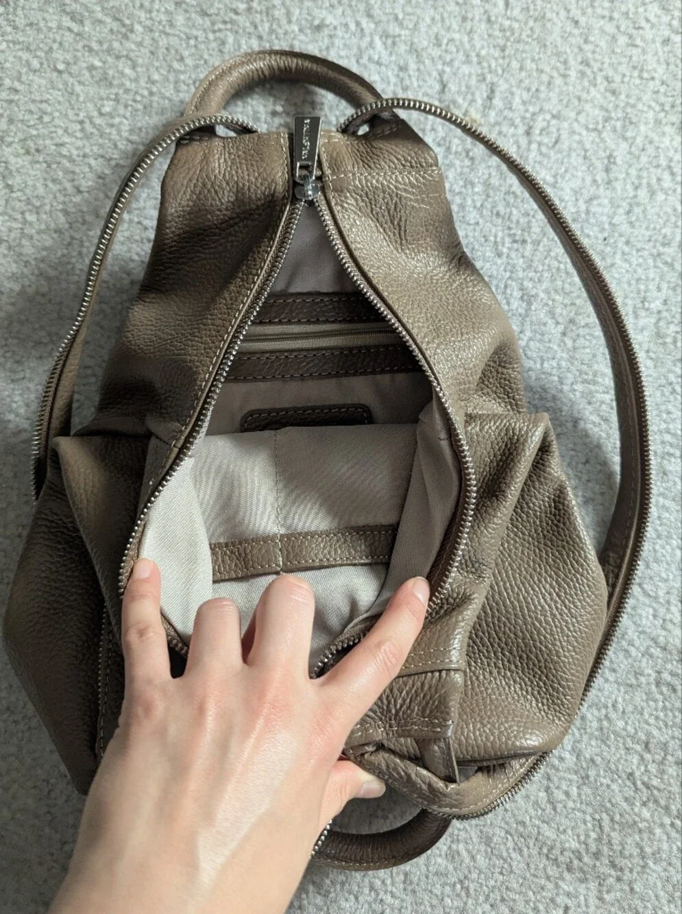 Valentina Pebbled Leather Taupe Multi-Wear Sling Backpack Bag
